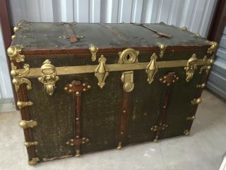 Antique Steamer Trunk Wood Leather Metal Chest Leather Green Gold Very Rare Ooak