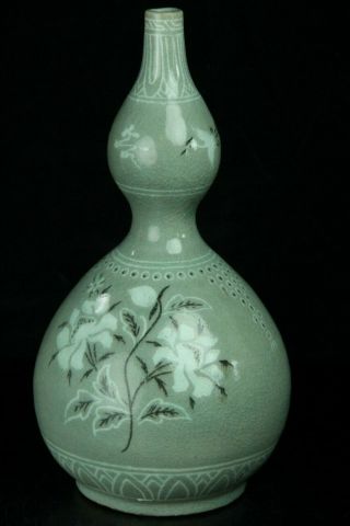 Oct034 Korean Goryeo Celadon Porcelain Gourd Type Bottle White Inlay