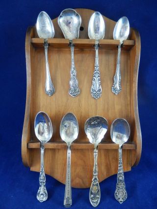 8 Vintage Collectible Souvenir Spoons With Rack