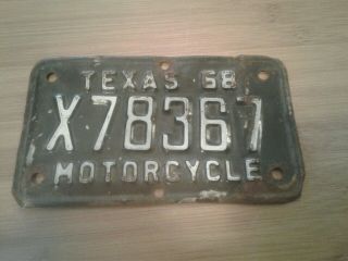 Vintage & Scarce 1968 Texas Motorcycle License Plate 7 Inch By 4 Inch