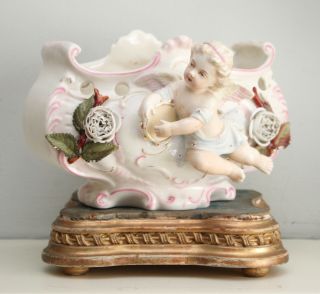Charming Antique Late C19th French Ceramic Cherub & Tambourine Cachepot,  Deposé
