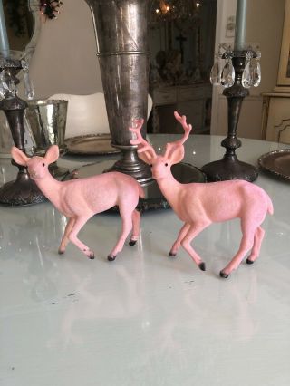 2 Pretty Vtg.  Christmas Flocked Pink Reindeer Prancing Deer Tags Hong Kong