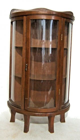 Vintage Small Curved Glass Wood Curio Cabinet Table Wall Shelf Display Case