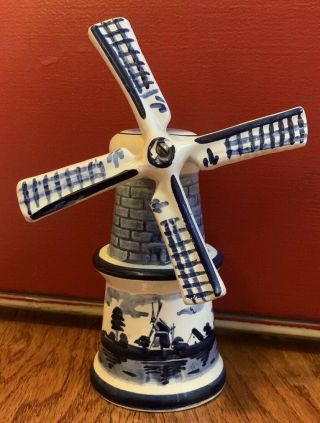 Vintage Delft Blue White Holland Windmill Figurine Porcelain Blades That Turn 5 "