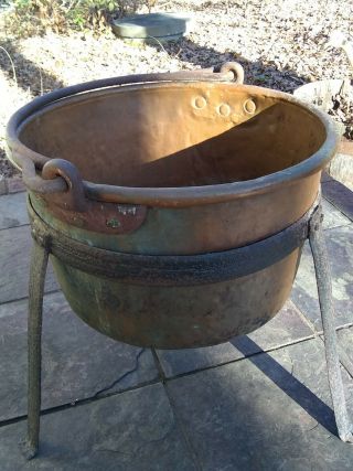 Antique 18 " Copper Apple Butter Kettle/cauldron With Dovetail Seams And Stand