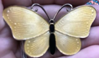 Vintage Norway 925 Sterling Silver Guilloche Enamel Yellow Buttlerfly Pin Brooch