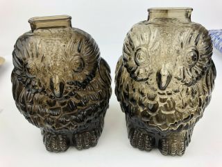 2 Vintage Glass Owl Banks Smoky Grey Wise Old Owl