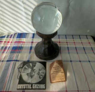 Vintage Murano Italy 4 " Crystal Gazing Ball With Wood Stand Fortune Telling