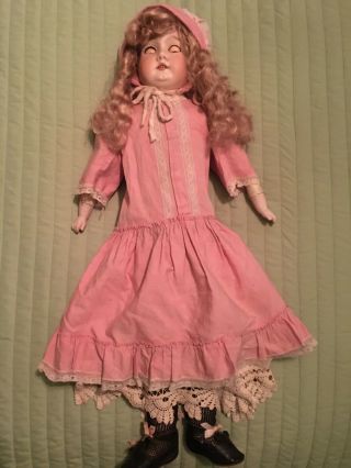 Antique Doll Porcelain Bisque Sleepy Eyes Teeth Leather Body Made in Germany 26” 3