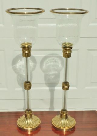 Pair Large 28 " Vintage Chapman Blown Glass Brass Hurricane Candle Stick Holders