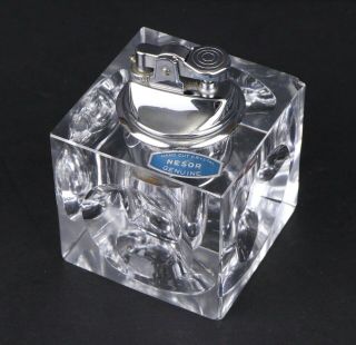 Vintage Nesor Hand Cut Crystal Cigarette Table Lighter Japan 2 5/8 " Cube
