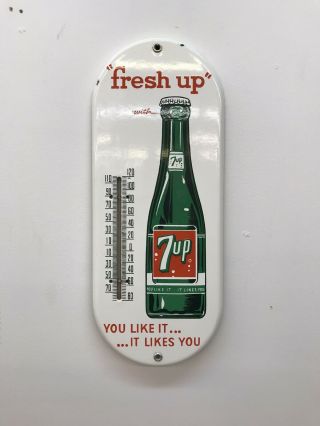 Vintage Fresh Up With 7up Soda Sign Porcelain Metal Thermometer Real Antique