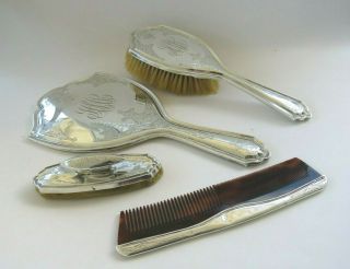 Antique English Sterling Silver 4pc Dresser Set Mirror Brush Nail Buff Comb 1914