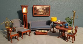 Vintage Real Wood Living Room Dollhouse Furniture 26 Piece Set