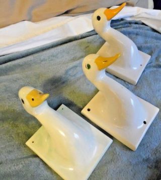 3 each Vintage Ceramic Duck / Goose Head Towel Apron Holders wall mount 6 