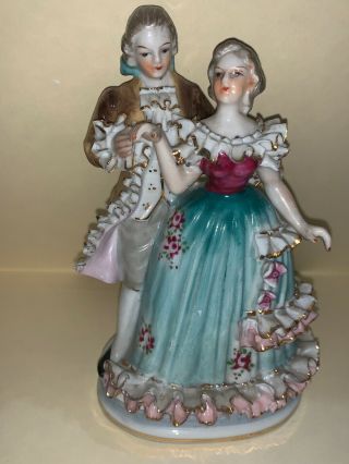 Antique Porcelain Meissen Handpainted Figurine Lady Man Dancing Lace Victorian