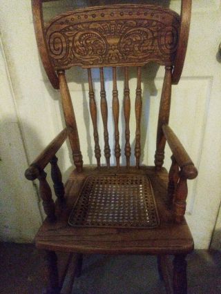 Antique Oak Wood Child Youth High Chair Cane Seat And Pressed Back 1890 Era
