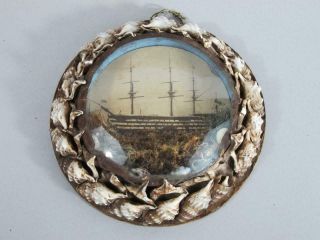 Antique Sailors Shell Valentine Folk Art Marine Picture Frame Ship Hms Victory A
