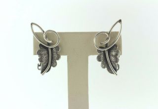 Vintage Sterling Silver 925 Scroll Design Long Stem Leaf Clip On Earrings