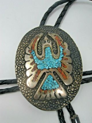 Vintage Bennett Pat Pend Sterling Mh Turquoise And Coral Bolo Tie Signed