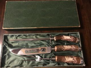 Vintage Solingen - Rostfrei Carved Stag Handle Knife Carving Set Germany “baron”