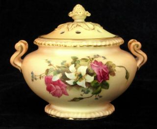 Antique Royal Worcester Blush Ivory Porcelain Potpourri,  Painted Flowers,  1914
