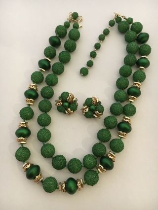 Vintage 2 Strand Green Bead Goldtone Necklace Clip Earring Set 872