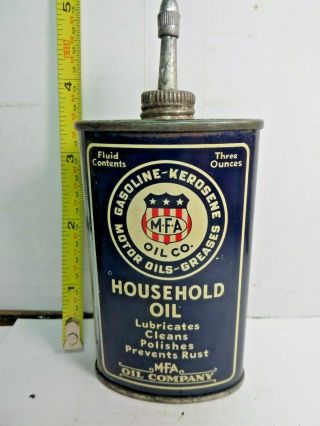 1930 - 40 ' s VINTAGE (3 oz. ) M F A HOUSEHOLD OIL TIN CAN HANDY OILER LEAD TOP 3
