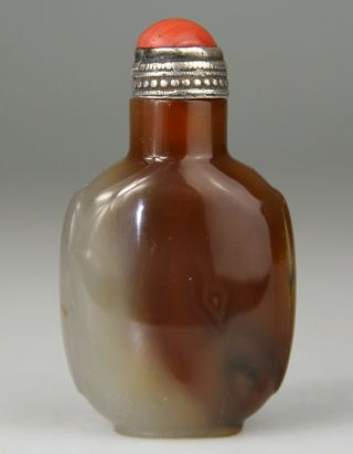 Antique Chinese Snuff Bottle Agate Carved Shadow Silver Glass Top - Qing 19th C