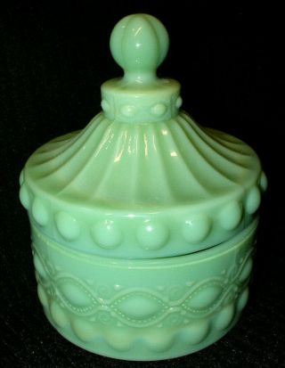 Vintage Jadeite Green Glass Trinket Box With Lid - Relief Beaded Design