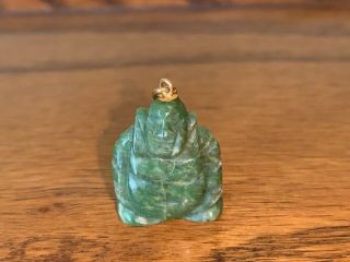 Vintage 14k Yellow Gold Carved Green Jade Buddha Pendant Or Charm