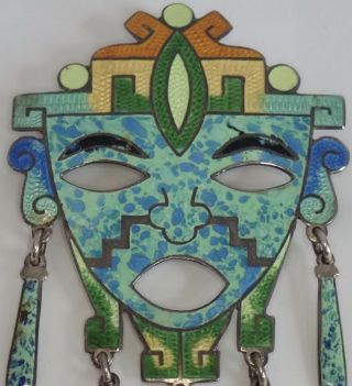 Colorful Vintage Mexican Sterling Silver Enamel Tribal Mask Pendant Brooch