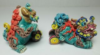 Taiwan Wucai Cochin Porcelain Pottery Pair Foo Dog Lions Statues Marked