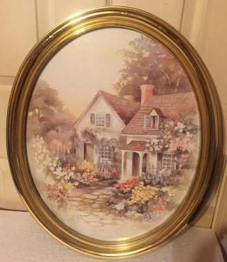 Lg Vtg Gold Toned Oval Framed Homco Picture Cottage / House Flowers