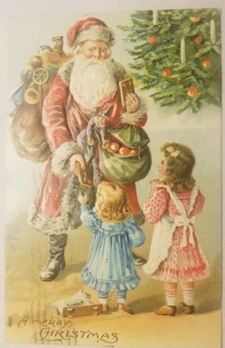 Vintage 1908 Postcard Santa Red Robe Handing Presents To Little Girls
