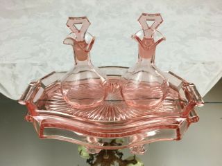 Vintage Pink Depression Era Elegant Glass Vanity Set 2 Perfume Bottles & Tray