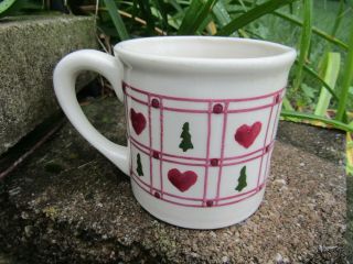 Hartstone Pottery Vtg Stoneware Coffee Mug Hearts Pine Trees Red Lattice