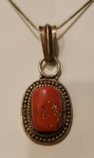 Vintage Sterling Silver Coral Pendant Necklace 18 " Chain 21.  28g