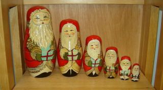 Vtg Santa Claus Christmas Wooden Nesting Dolls 6 Piece Hand Painted 1 1/2 " To 7 "