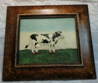 Vintage Country Folk Art Painting On Board Barn Farm Dairy Cow Landscape Framed