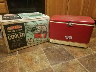Vtg Thermos Red Metal Cooler 2 Latch Insert Camping Ice Chest Box Bin W Box