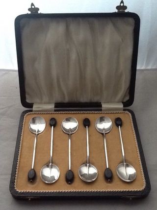 Cased Art Deco Set Of 6 Solid Silver Coffee Bean Spoons - 1926