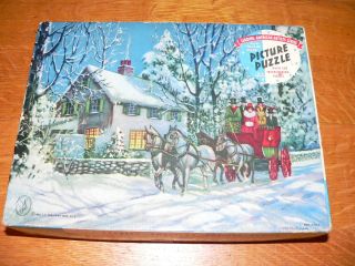 Vintage J.  S.  Publishing " Tally - Ho Coach " Christmas Themed 500pc Jigsaw Puzzle