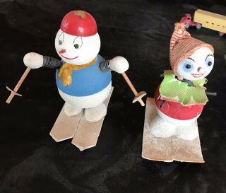 Vintage Pair,  2 Bobblehead Nodder Flocked Snowman Skiing Candy Container W.  German