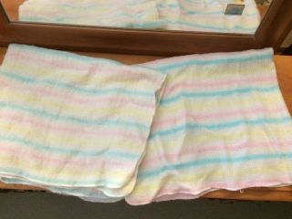 2 Vintage Baby Blankets Open Waffle Weave Pastel Stripe Acrylic Blue Pink Yellow