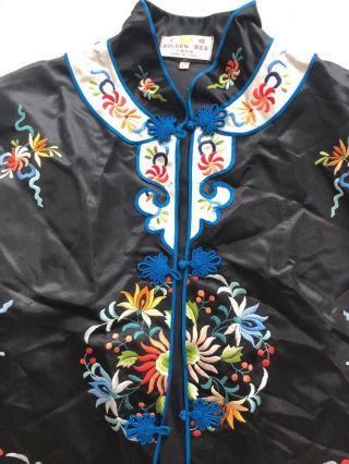 Vintage Golden Bee Chinese Embroidered Black Pajama Jacket Robe Sz L