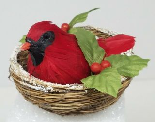 Vintage Red Cardinal In Bird Nest - Wired Bottom And Feathers - Christmas - 3 Inch