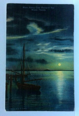 Miami Florida Moon Rising Over Biscayne Bay Linen Vintage Postcard