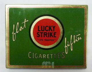 {bjstamps} Vintage Lucky Strike Cigarette Metal Tin Flat Fifties Old Tobacco