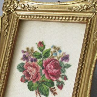 Vintage Decorative Miniature 4 " Frame Hm Petit Point Embroidery Bouquet Roses